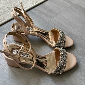 Badgley Mischka Jada Embellished Ankle Wrapped block heels in Sea Shell Satin